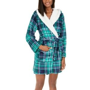 New Women's Jenni Faux Fur Trim Plaid Robe